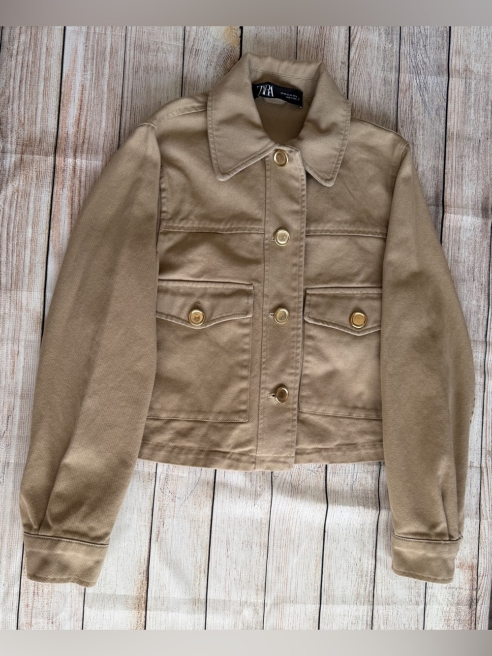 Zara Khaki Tan Cropped Utility Jacket Gold Buttons Women’s S - Picture 5 of 14